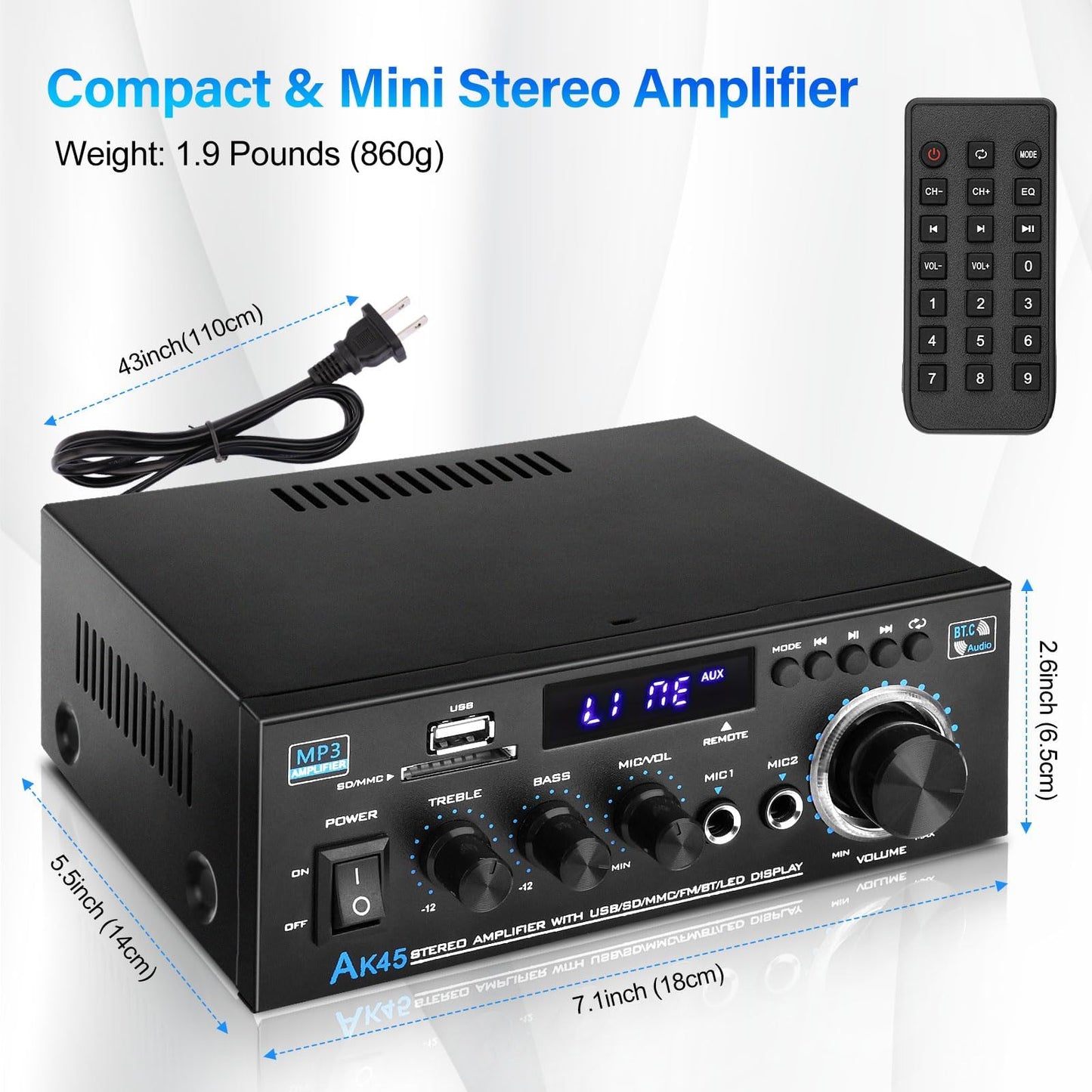 Ak45 Home Audio Power Amplifier With Bluetooth, 100Wx2 Audio Stereo Receiver, Home Amplifiers W/Fm Radio Usb, Aux, Rca, Sd For H