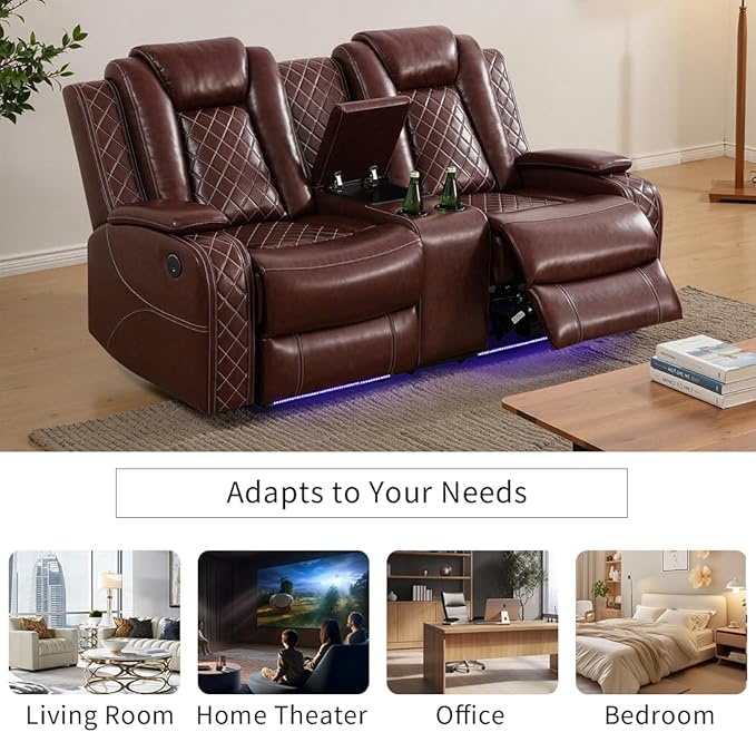 Leather Recliner Loveseat Set with LED Light, Power Leather Sectional Set, Living Room Furniture Sets 2 Seats, Modern Power Reclining Sofa Sets with Storage Console/Cup Holder for Living Room(brown)