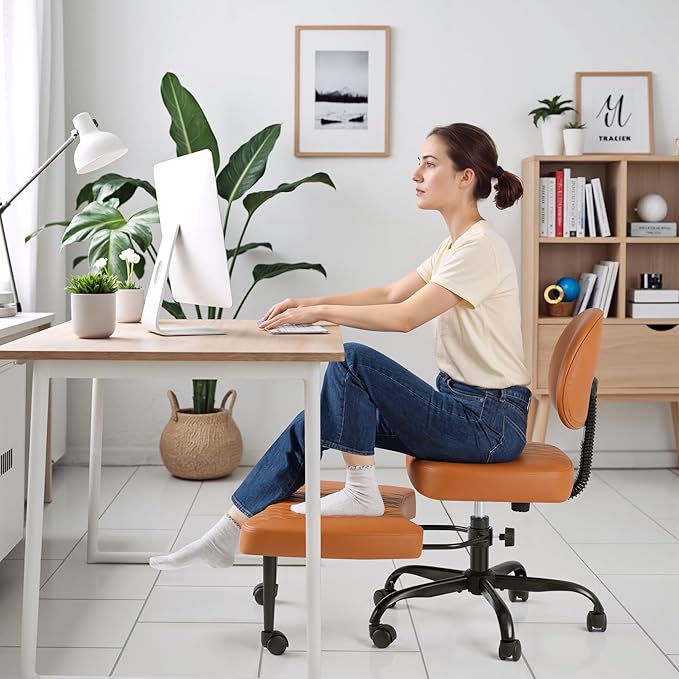 Homall Ergonomic Cross Legged Office Desk Chair with Wheels, 360° Swivel and Adjustable Height for Meditation and ADHD,Criss Cross Kneeling Chair with Lumbar Support (Leather, Brown)
