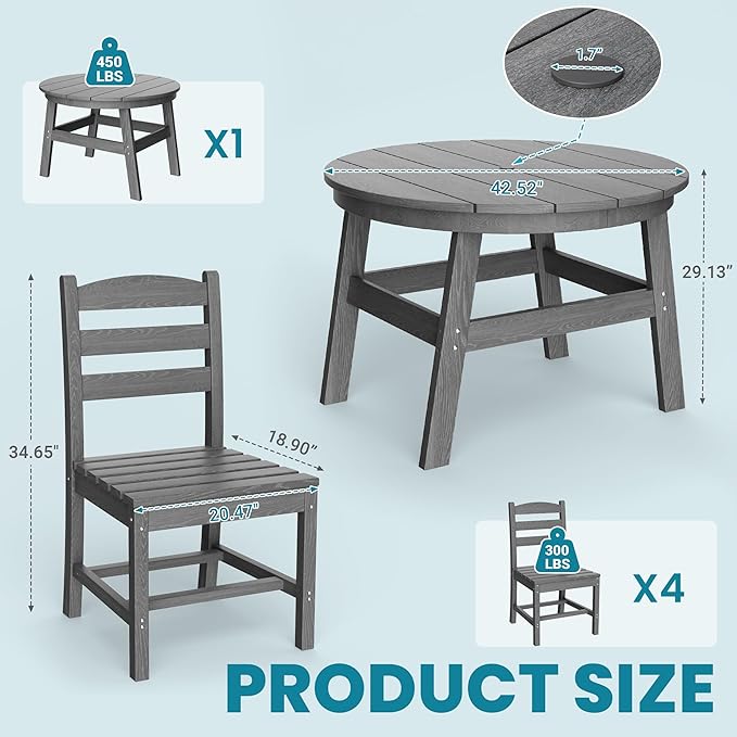 PamapicLife 5 Piece Round Outdoor Dining Set, Relaxing HDPE Outdoor Table and Chairs with 105° Ergonomic Backrest, All-Weather Patio Table and Chairs Set with Umbrella Hole for Porch, Poolside, Gray