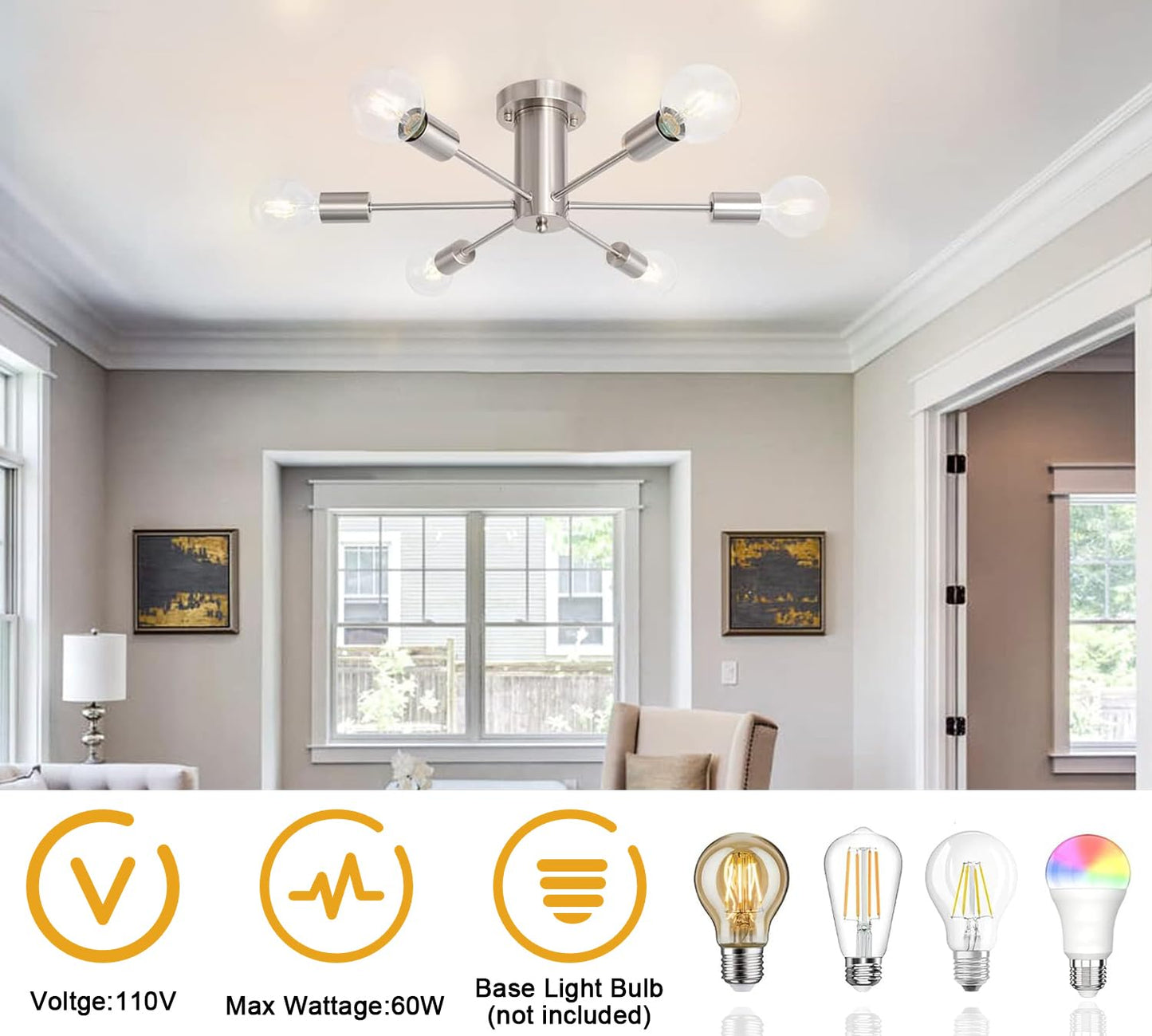 KOSTOMO Kitchen Light Fixtures 6 Lights Ceiling Lights Fixture Nickel Modern Semi Flush Mount Lighting Sputnik Chandelier for Bedroom Dining Room Hallway