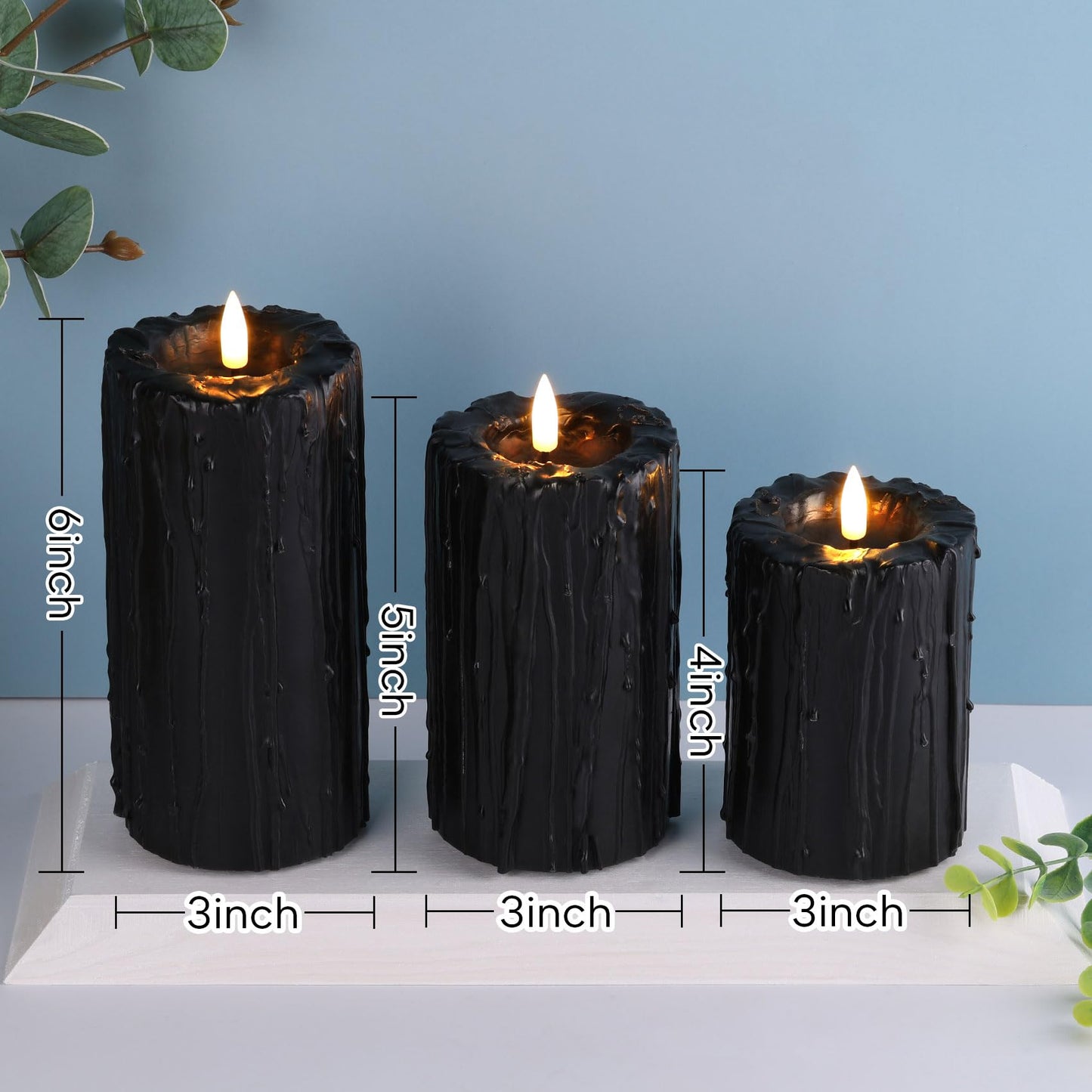 Eywamage Black Dripping Wax Flameless Pillar Candles with Remote, Flickering Halloween LED Candles Battery Operated Set of 3