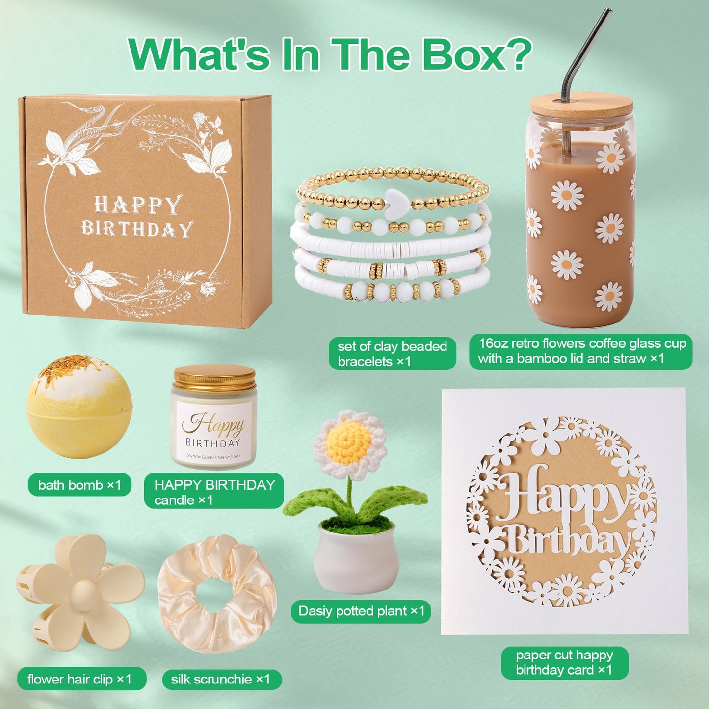 FAJAO Birthday Gifts For Women, Teen Girl, Her, Happy Birthday Gift Box For Girl, Daughter, Women, Sister,Friends, Cute Daisy Aesthetic Glass Cups Gift Set 8pcs