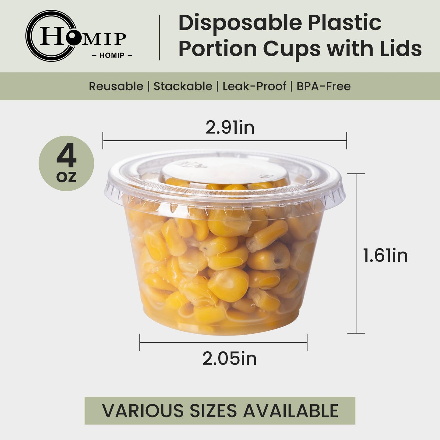 HOMIP 100Pack 4oz Disposable Plastic Portion Cups with Lids, Small Mini Sauce Cups for Portion Control, Salad Dressing Cups, Airtight and Stackable Condiment Cups for Party, Holiday and Daily Use