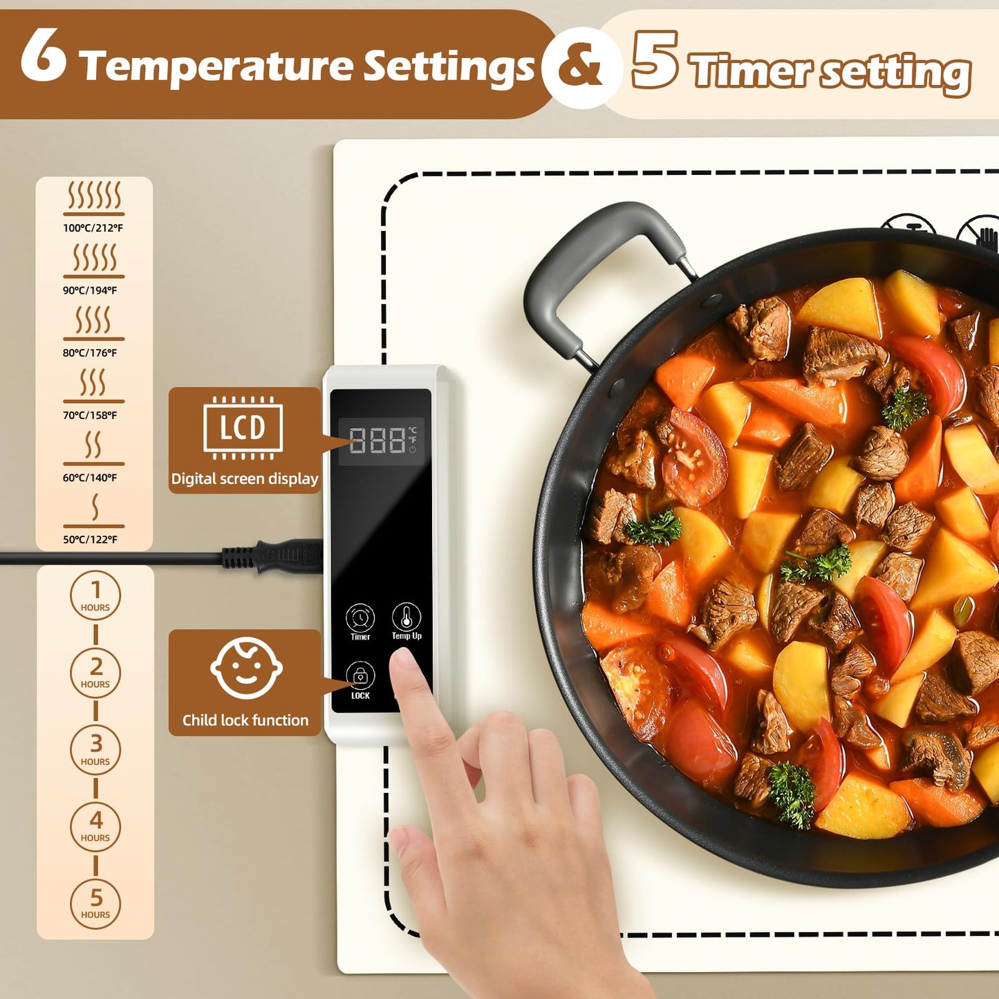 PIGLOG Electric Warming Tray-Fast Heating,6 Temperature Settings,Fast Full Surface Graphene Heating Food Warmer,Roll Up Heating Pads for Parties Buffet Thawing (White, 24X15)