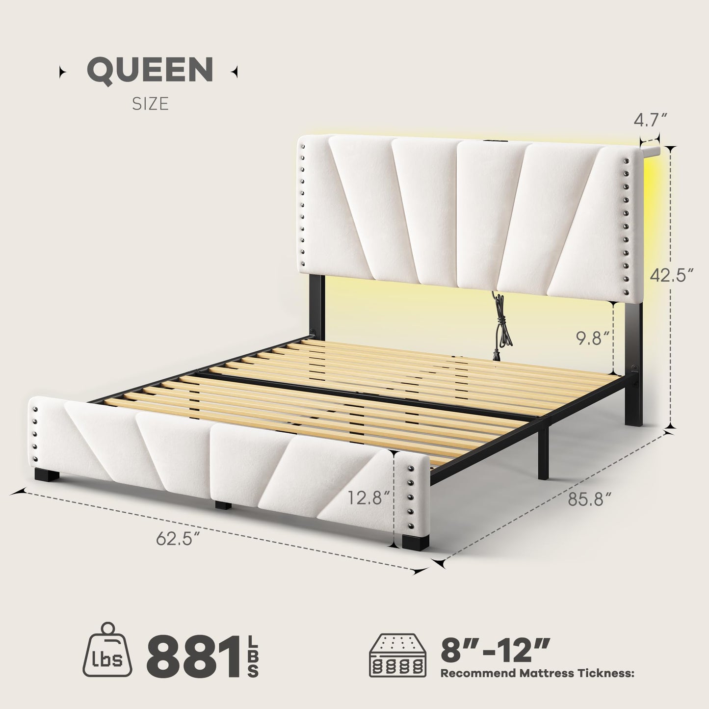 EnHomee Queen Bed Frame with Velvet Headboard and LED Lights, Storage Headboard with Charging Station, Bed Frame Queen Size with Sturdy Wooden Slats Support, Noise-Free, Easy Assembly, Beige