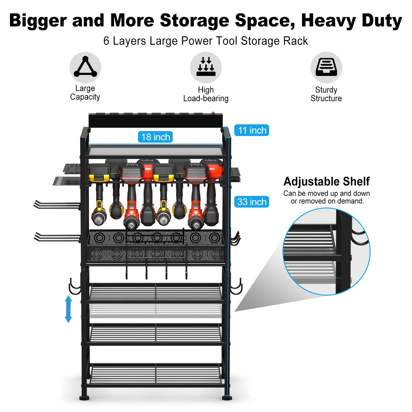 JUNNUJ Power Tool Organizer Floor Stand with Charging Station, Garage Adjustable Storage Rack Utility Tool Shelf with 8 Outlet Power Strip, Heavy Duty Drill and Battery Holder, Black