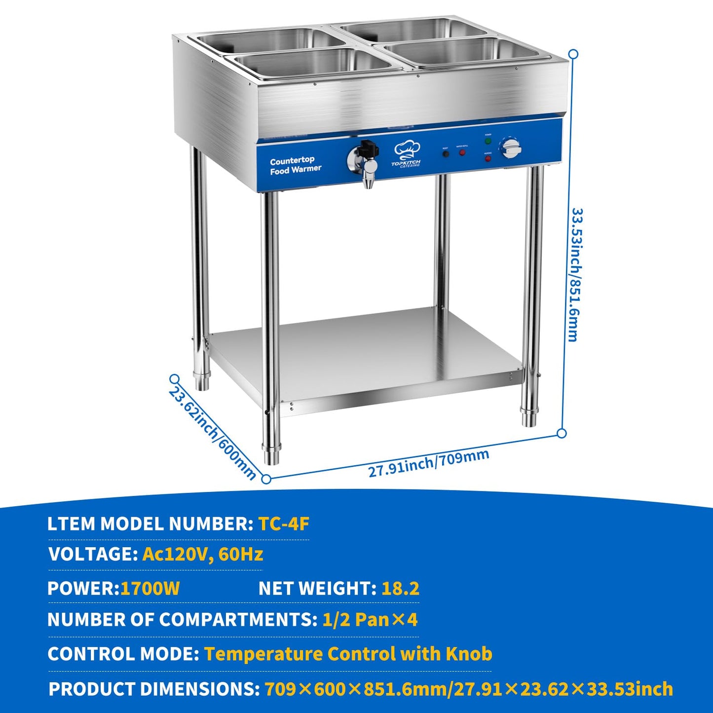 TOPKITCH 4-Pan Commercial Food Warmer, Electric Steam Table, 120V 1700W Stainless Steel Buffet Catering Food Warmer with Undershelf and Workspace, for Restaurant.