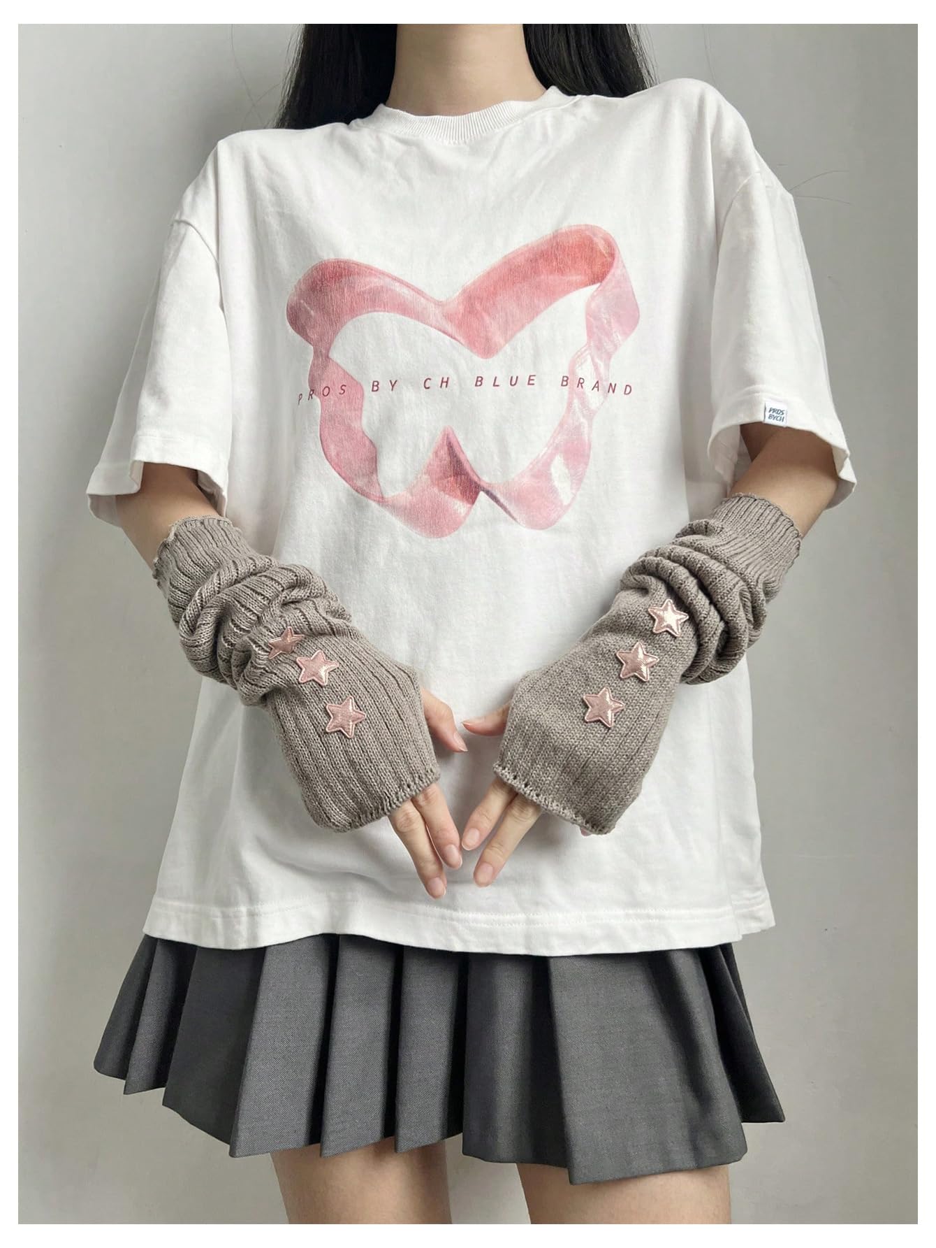 Verdusa Women's Y2k Arm Warmers Heart Knit Arm Sleeves Fingerless Gloves Apricot and Pink One-Size