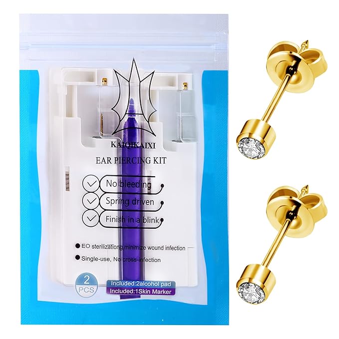 2Pcs Ear Piercing Kit Automatic And Painless Ear Nail Gun Disposable Aseptic Household Ear Piercing Gun Portable Ear Piercing Gun Group Ear Piercing Tools (4mm, Golden)
