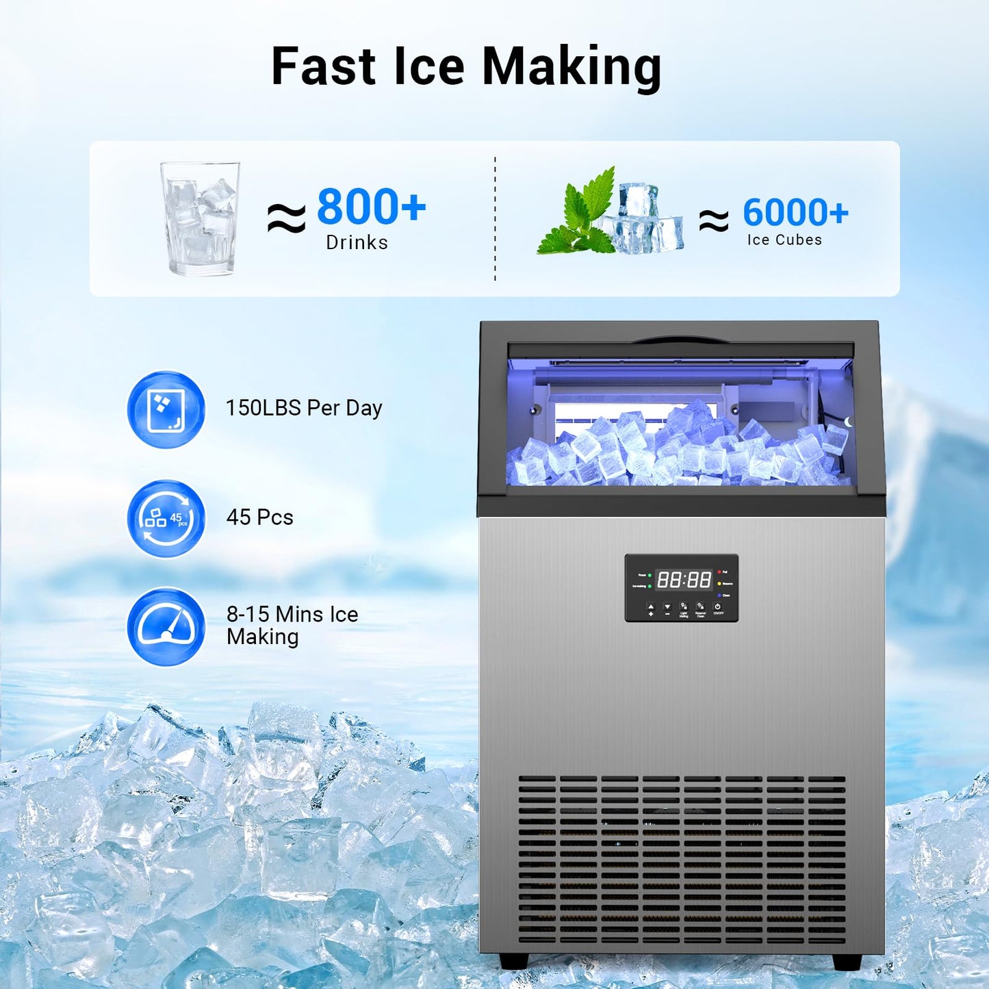 Ice Maker Commercial, 150lbs/Day Under Counter Ice Machine with 50 Lbs Storage Bin, 45 Ice Cubes in 8-15 Mins Free Standing Ice Maker for Home/Bar/Restaurant/Outdoor