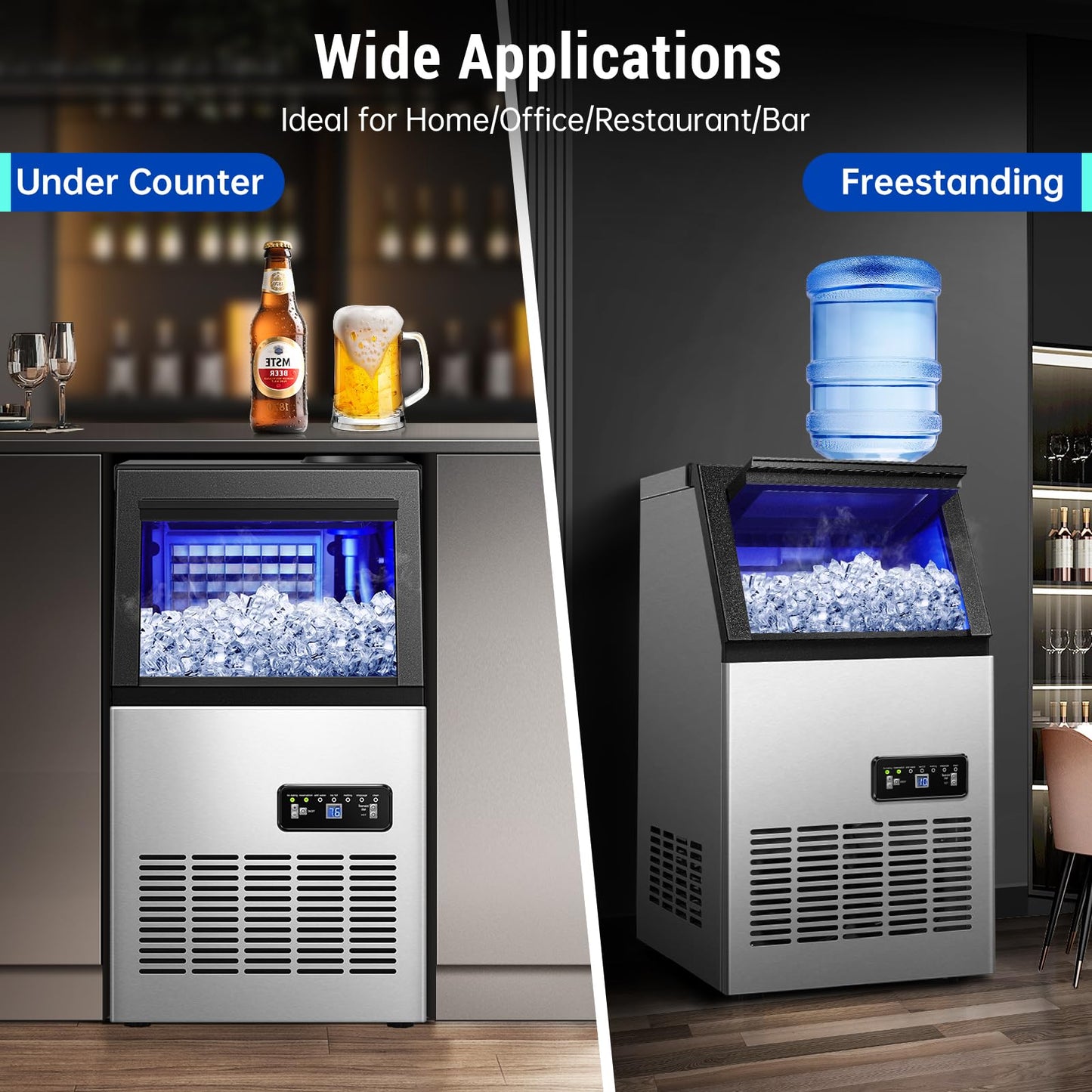 Amzgachfktch Commercial Ice Maker 120lbs/24H with 2 Water Inlet, Ice Maker Machine with 33lbs Storage, Auto Self-Cleaning, Under Counter/Freestanding Ice Maker for Home Shop Bar