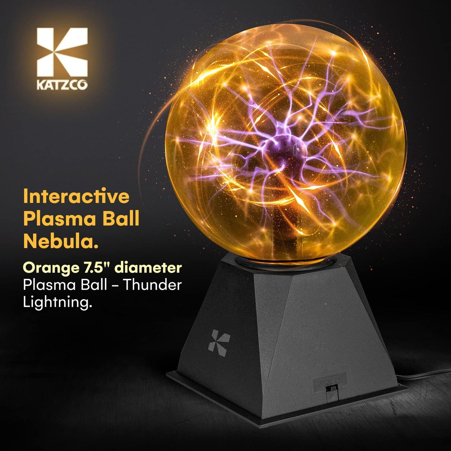 Katzco 7.5-Inch Orange Interactive Plasma Ball - Nebula Sphere, Thunder Lightning, Plug-in - Touch and Sound Sensitive Plasma Globe, STEM Science Toy for Parties, Decorations, Prop, Kids, and Gifts