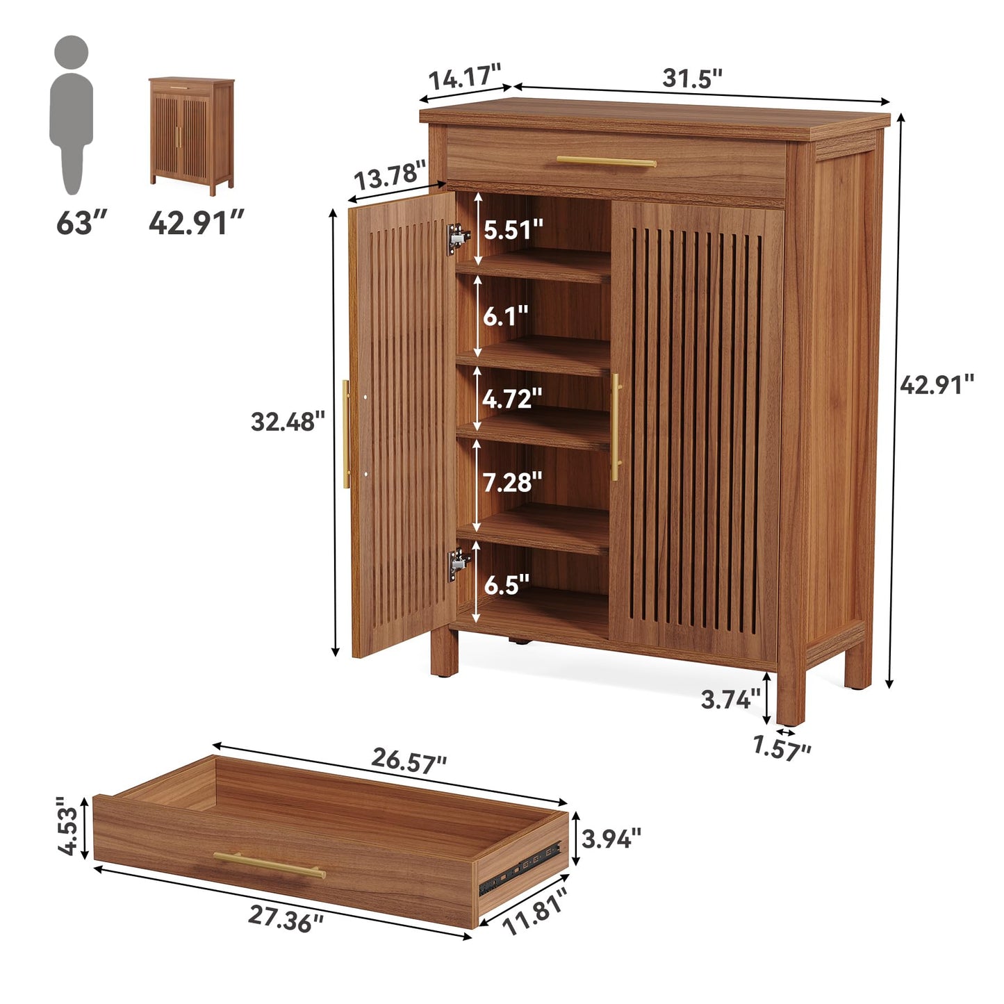 LITTLE TREE Narrow Storage Shoe Rack, 6-Tier Wooden Shoe Cabinet with Drawer, Freestanding Slim Shoe Cabinet Shoe Organizer for Entryway, Hallway, Closet, Bedroom, Living Room, Brown