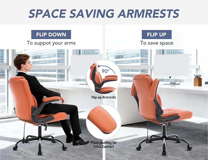 Office Chair with Adjustable Inflatable Lumbar Support,Leather Ergonomic Computer Desk Chair with Flip-up Arms,Adjustable Tilt Lock,Swivel Rolling Executive PC Chair for Work,Study,Meeting.Brown