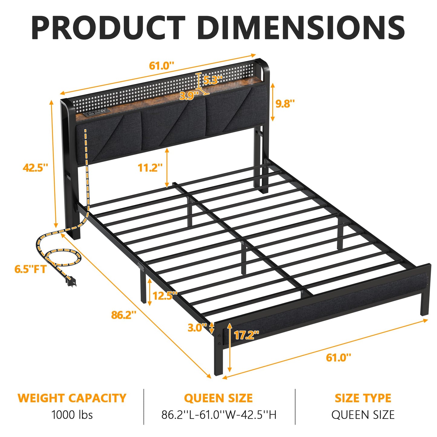 Furnulem Queen Size Bed Frame with Headboard and LED Lights, Upholstered Bedframe with Charging Station and USB Port, Platform Metal Bed Frames, No Box Spring Needed, Noise Free