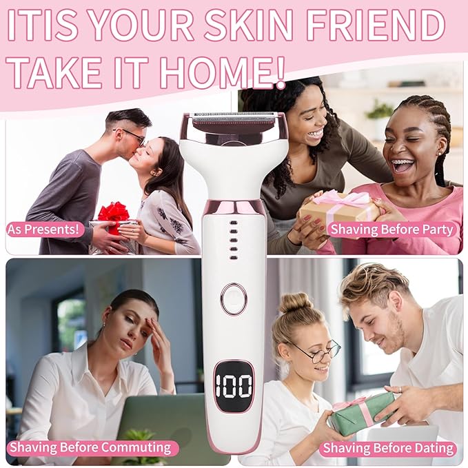 Electric Razor for Women Men with LED Display,4 in 1 Ladies Wet & Dry Body Razors and Facial Hair Remover, Rechargeable Painless Hair Removal Kit for Nose Face Body Leg Bikini Arm Hair