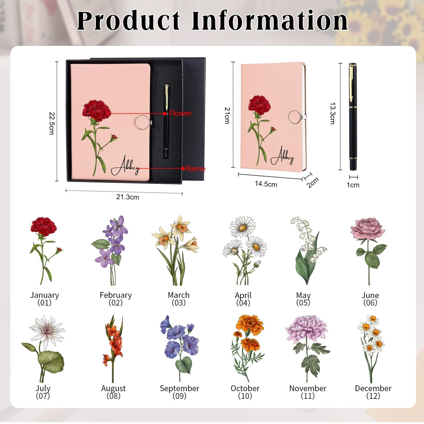 Personalized Journal Notebooks for Work School with Pen Gift Set Custom Birth Flower Name College Ruled Hardcover Notebook Studen Teacher Journal for Women Men Back to School Business Gifts (BirthFlower Name #1)