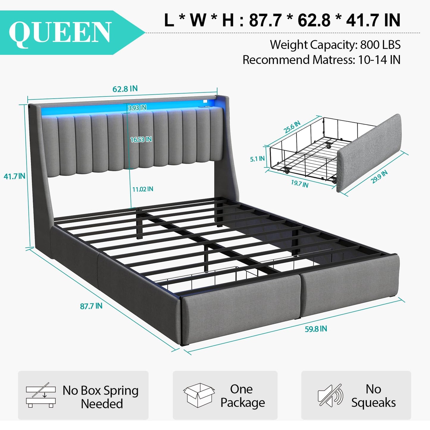 Queen Bed Frame with 2 Storage Drawers, Platform Bed Frame Queen Size with LED Light, Upholstered Headboard, Charging Station, Steel Slat Support, No Box Spring Needed, Noise-Free, Easy Assembly, Gray