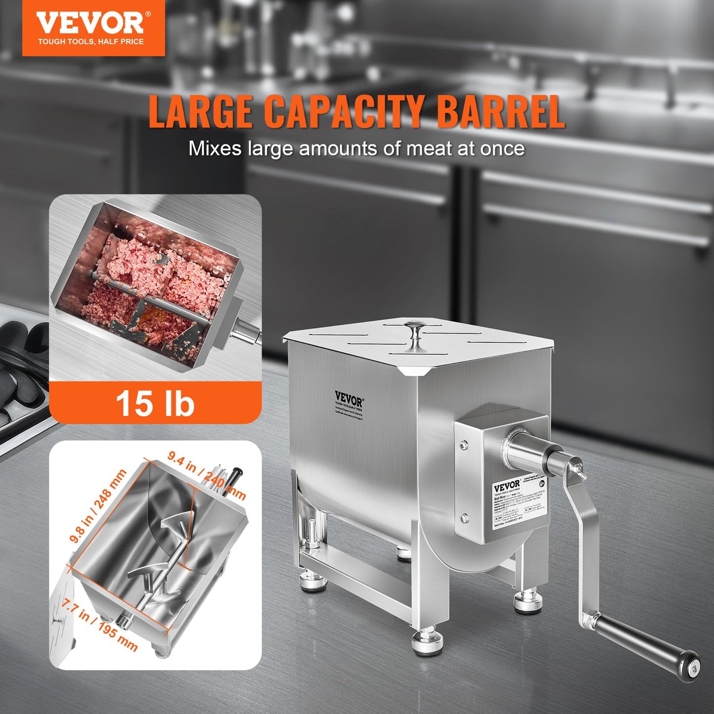 VEVOR Manual Meat Mixer, 15 Pound Capacity Tank Meat Processing Equipment, Stainless Steel Meat Mixer, Sausage Mixer Machine with Lid and Handle, Ground Beef Hand Mixer, Silver