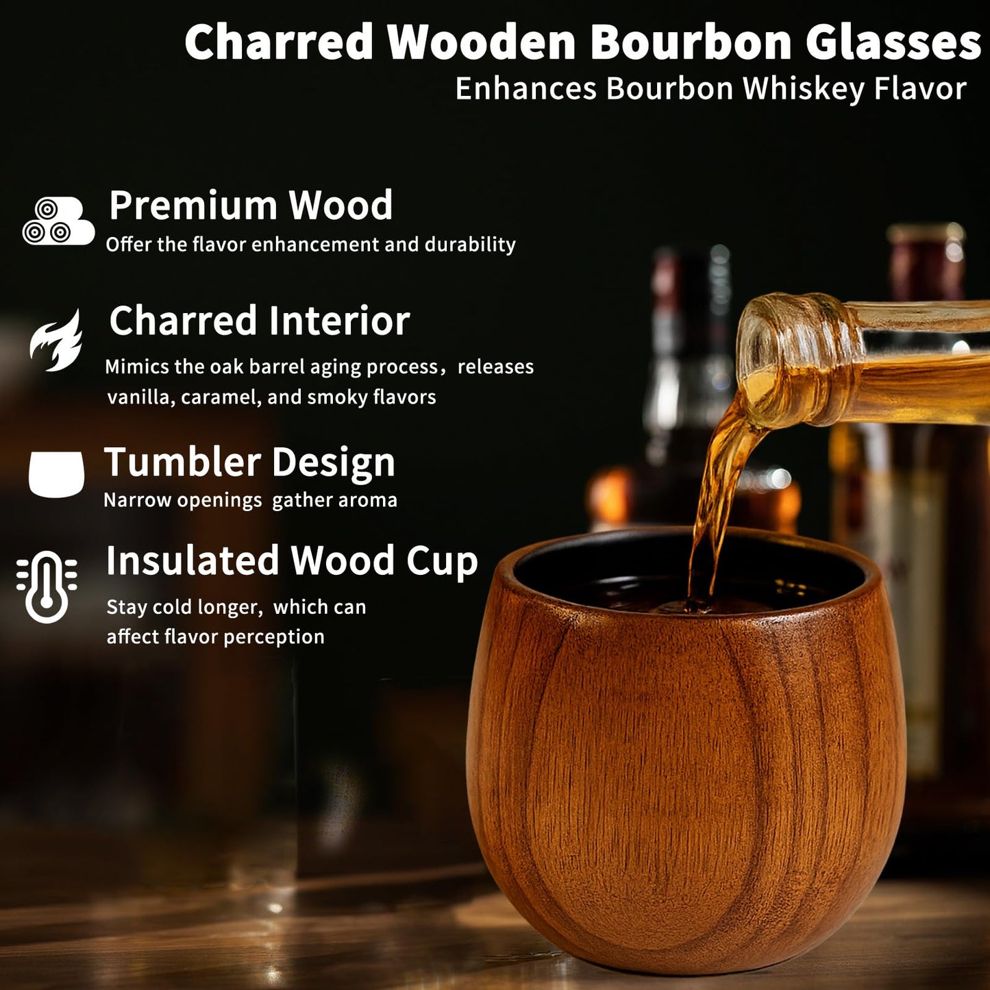 AlgoELF Charred Wooden Bourbon Drinking Glass, Original Charred whiskey Cup, Bourbon Gifts for Men, Wooden Whiskey Glasses Set of 2, Great Anniversary Birthday Gifts for Men, Him, Dad