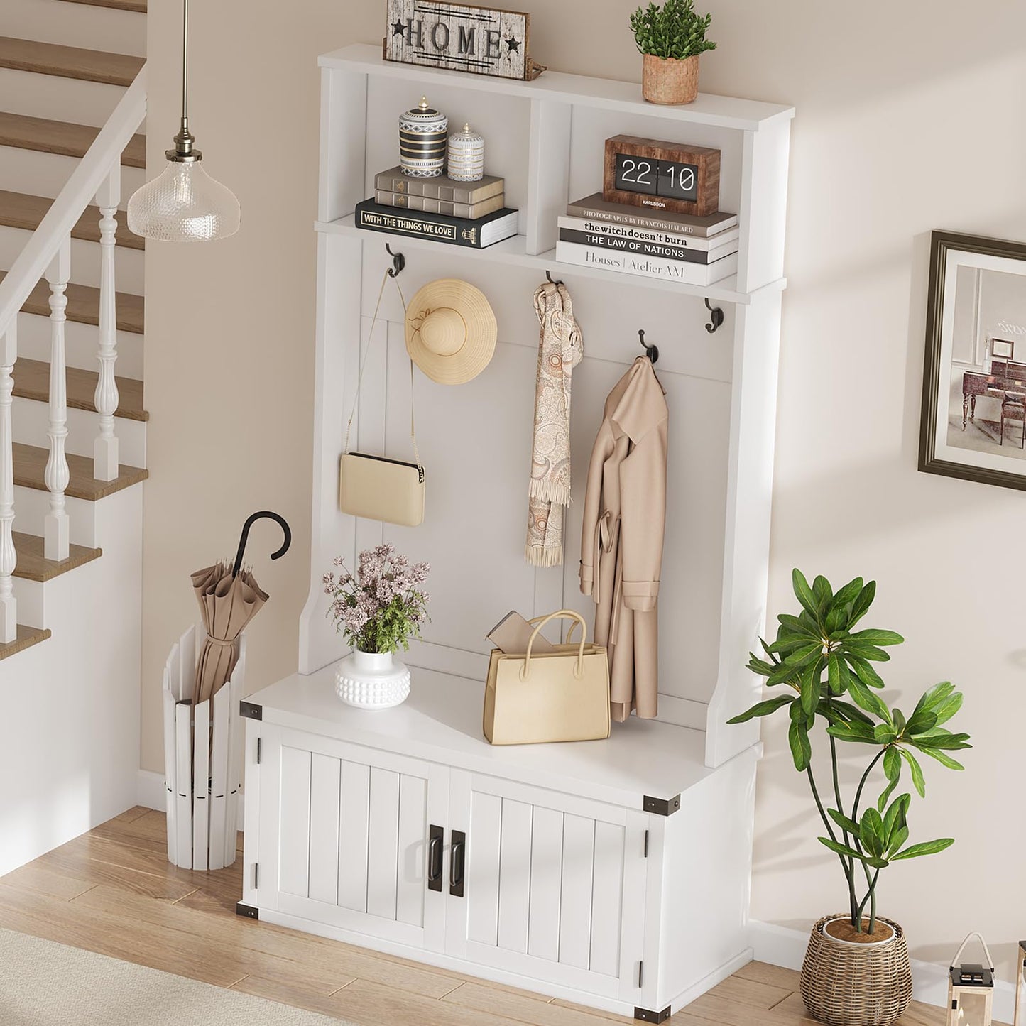 GarveeHome Hall Tree with Shoe Storage Bench, 4-in-1 Entryway Bench with Coat Rack & Adjustable Shlef & 2 Wood Door, Hall Tree with Metal Corner & 5 Tri-Hooks for Entryway,Bedroom, Living Room, White