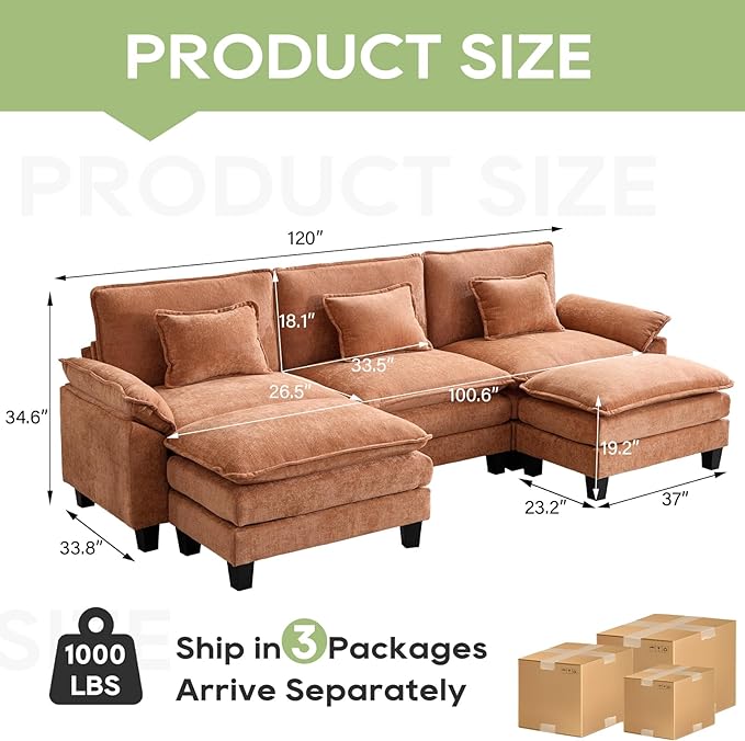 Oprisen 120" Modular Sectional Sofa, Comfy Cloud Couch Sectional Sofa with Ottoman, Chenille Sofa Sleeper Deep Seat Sofa with Throw Pillows for Living Room (Orange, 120"- U Shape)