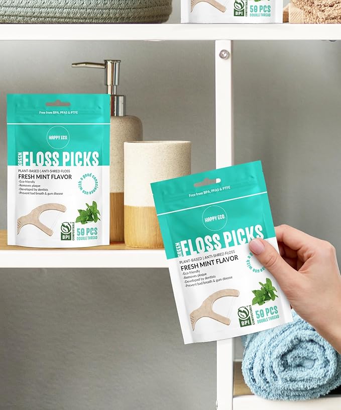 Dental Floss Picks (200pcs) - Flossers for Adults, Vegan Corn-Straw Handle, Superior Oral Care & Anti-Shred Thread, Dental Hygiene, Tooth Pick Sticks, Teeth & Gum Health (Mint, Double Thread)