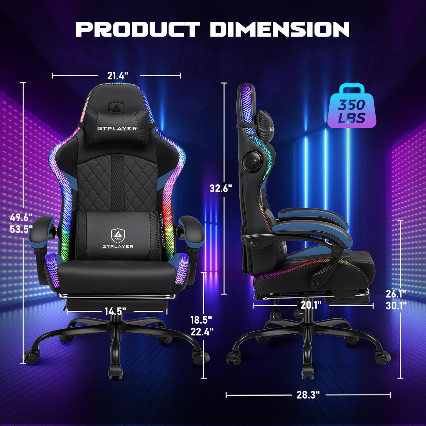 GTPLAYER Gaming Chair with Speakers, Computer Chair with RGB LED Lights, High Back Ergonomic Chair for Adults with Footrest, Reclining Office Chairs, Linkage Armrest, Black Blue