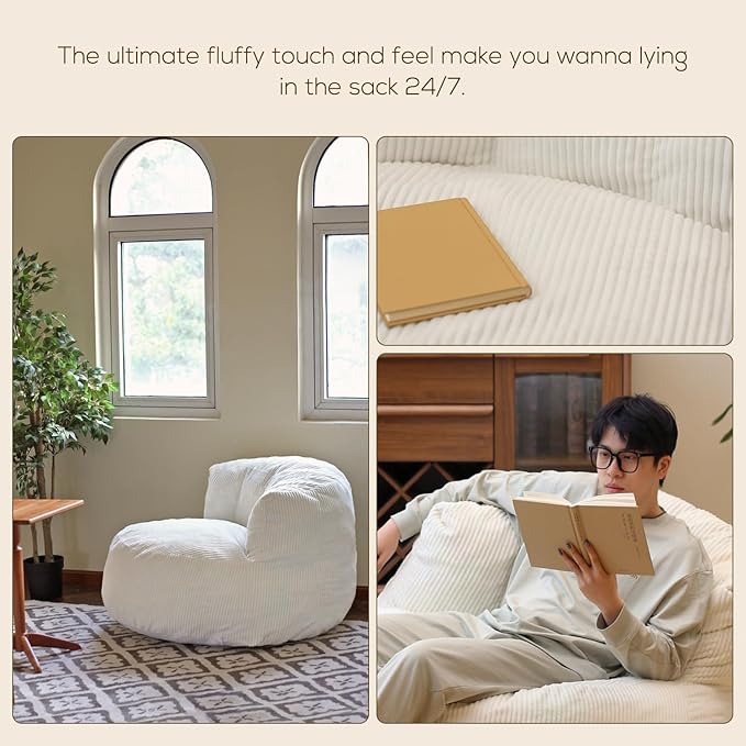 N&V Large Crescent Bean Bag Chair, Adult Size Bean Bag Sack, Foam Filling, Soft Premium Corduroy Bean Bag for Living Room Bedroom Dorm and Office (Ivory)
