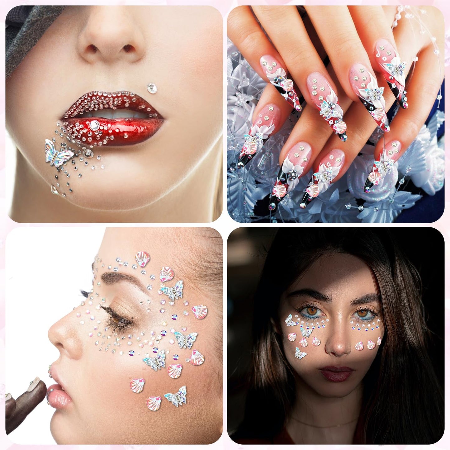 3/4/5/6 mm 61pcs Face Gems Stickers, with Pearl Round Diamond Jewels Diamonds Gemstones Stickers Festival Pink Shells Makeup Fac