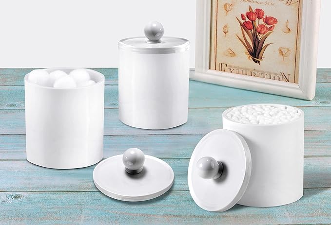 SheeChung Plastic Acrylic Bathroom Vanity Countertop Canister Jars with Storage Lid, Apothecary Jars Qtip Holder Makeup Organizer for Cotton Balls,Swabs,Pads,Bath Salts (White, 4 Pack of 15 oz.)