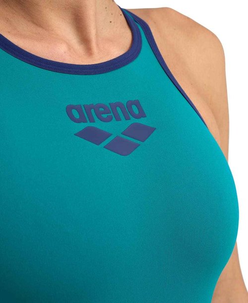 ARENA One Women's Swimsuit Tech One Back Big Logo MaxLife Athletic Sports Training Suit Ladies Bathing Suit, Green Lake/Navy, US Size 30