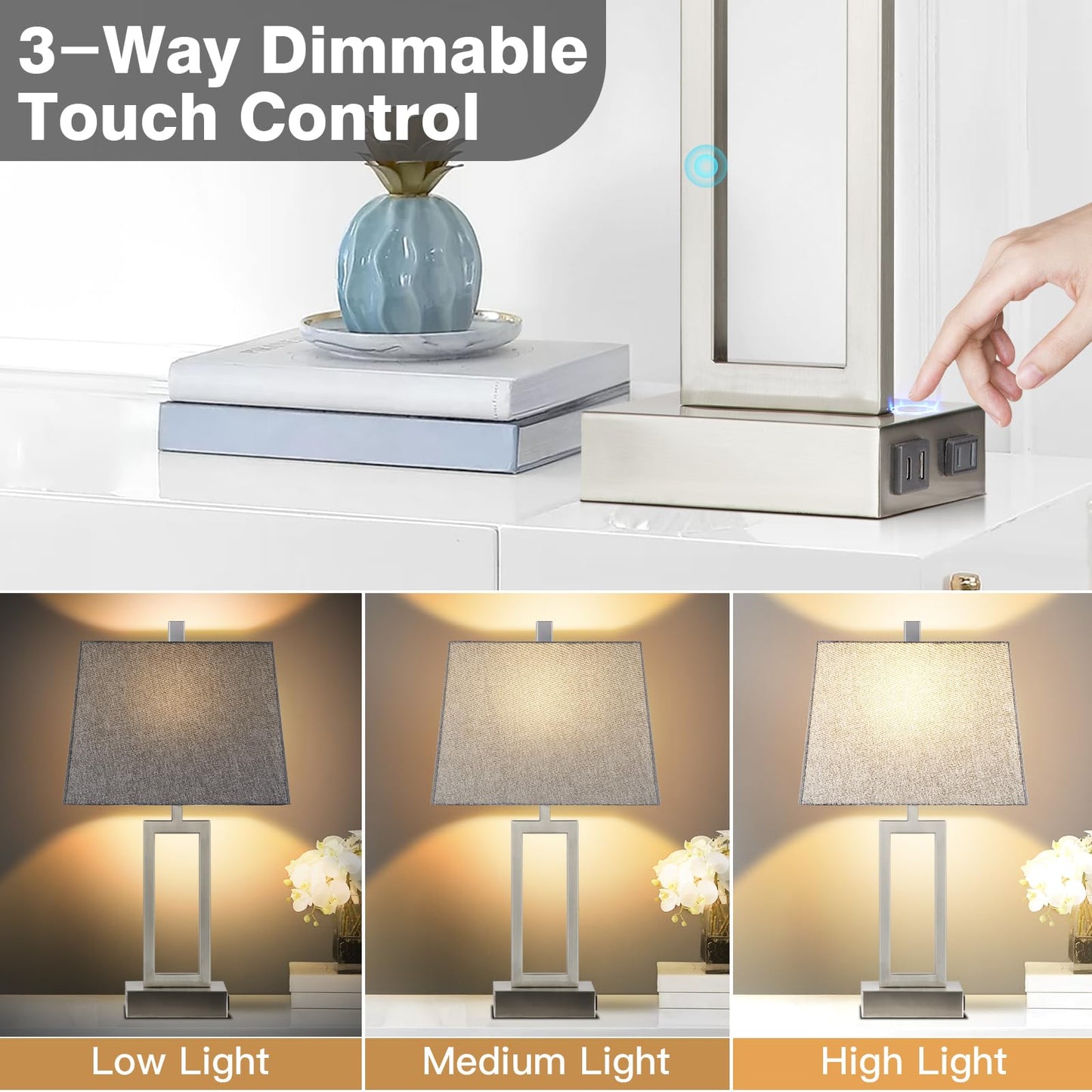 Rinweey Touch Control Table Lamps Set of 2, Modern Silver Bedside Lamps with USB A+C Ports & AC Outlet, 3 Way Dimmable Contemporary Nightstand Lamps for Bedroom Living Room(LED Bulb Included)