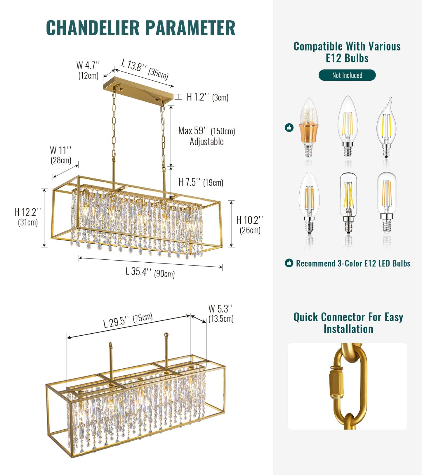 Siljoy Rectangular Gold Crystal Chandelier for Dining Room, 5-Light Modern K9 Crystal Raindrop Chandelier Luxury Crystal Pendant Ceiling Light for Living Room Kitchen Island L35.4'' x W11'' x H12''
