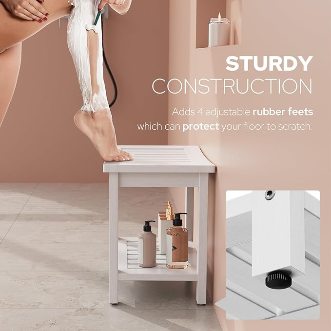 Psilvam Poly Lumber Shower Bench, Shower Stool with Storage Shelf, Shower Benches for Inside Shower Water Resistant & Non-Slip Design Shower Chair Seat for Bathroom, Living Room (White)