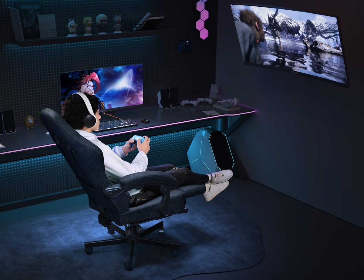 Kslysuty Gaming Chair Breathable Leather with Pocket Spring Cushion,Wide and High Ergonomic Office Chair with Headrest,Computer Gaming Chair with Footrest for Adult and Teen,Grey
