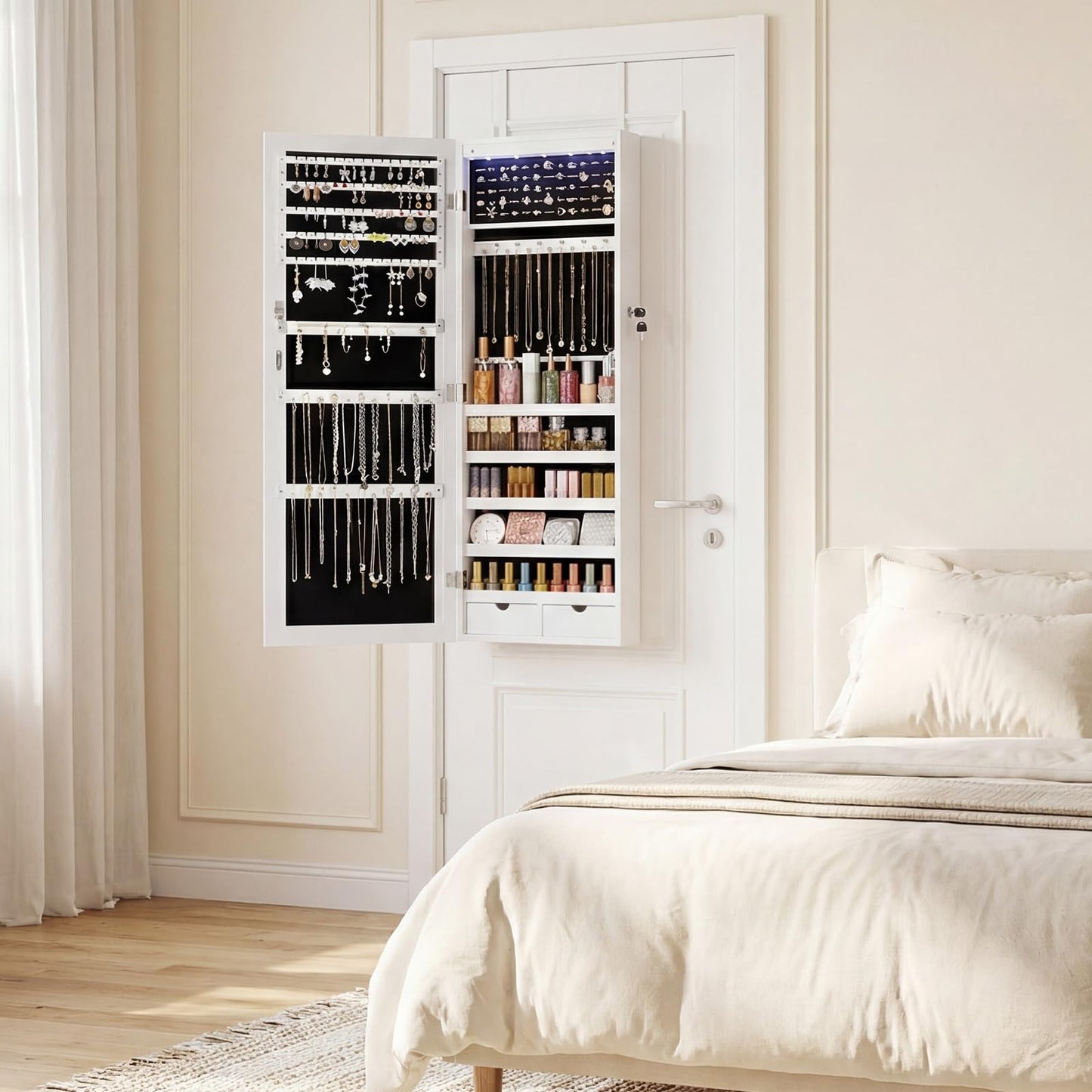 HAPPYMONT Tall Lockable Large Capacity Jewelry Armoire Cabinet with Full Length Mirror, Wall Mounted or Over the Door Jewelry Organizer with 33 Necklace Hooks, Jewelry Armoire with Drawers, White