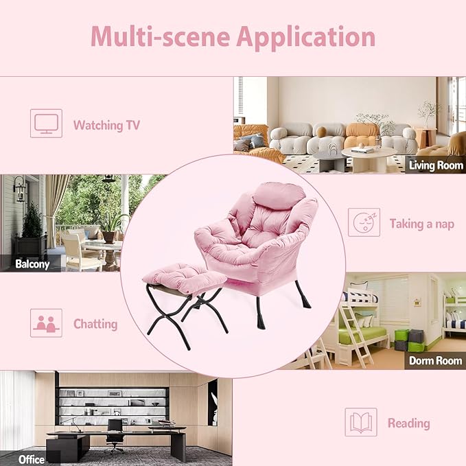 Youtanic Lazy Chair with Folding Ottoman, Accent Chair Velvet Upholstered with Metal Structure and Non-Slip Pads, Sofa Armchair with Footrest and Side Storage Bag for Dorm, Room, Office, Pink