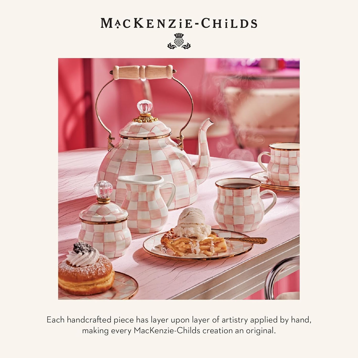 MACKENZIE-CHILDS Set of 4 Enamel Appetizer Plates, Mini Dessert Plates, 5 Inches, Pink-and-White Rosy Check