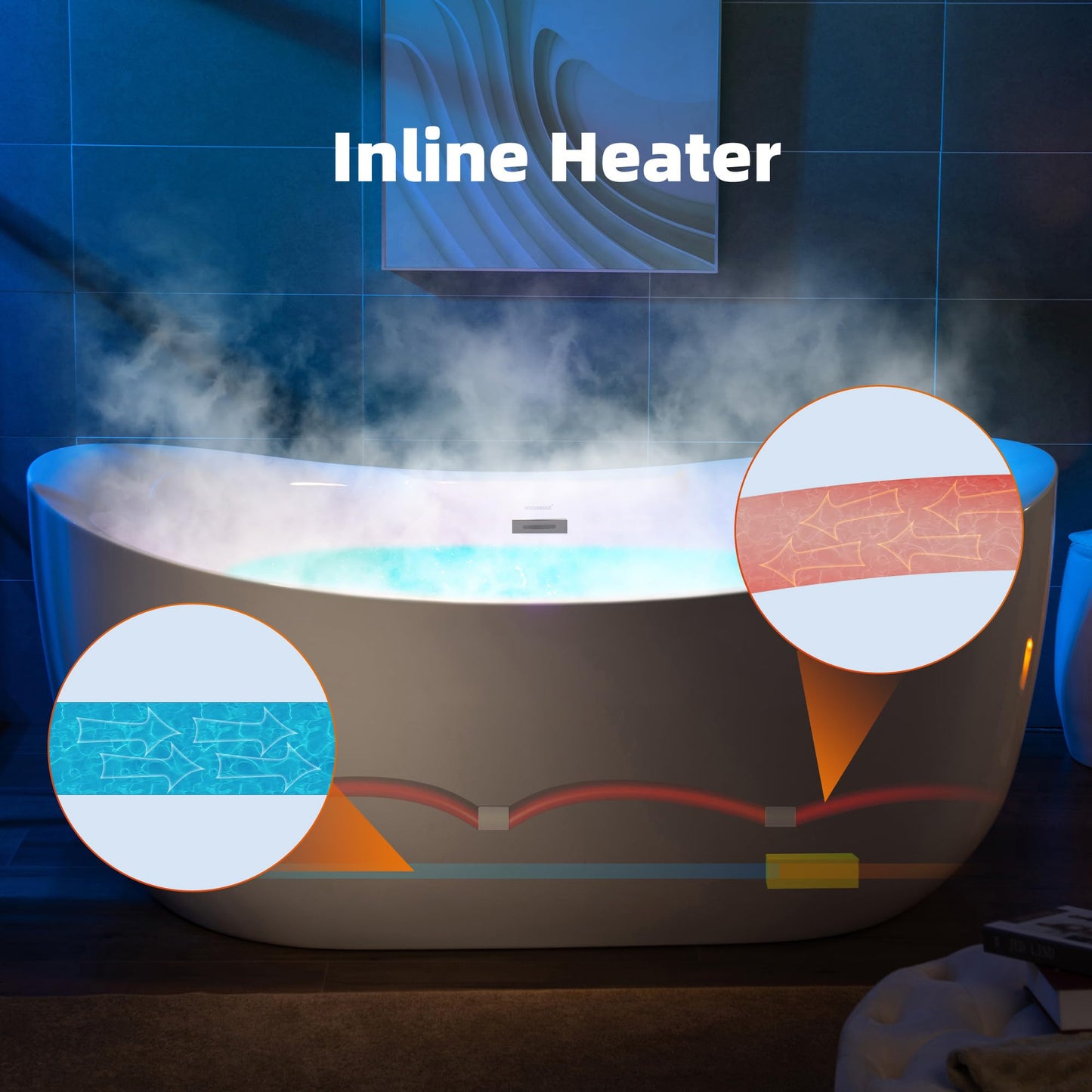 WOODBRIDGE 72" x 35-3/8" Whirlpool Water Jetted and Air Bubble Freestanding Heated Soaking Combination Bathtub with LED control panel,Matte Black drain and overflow,BM400