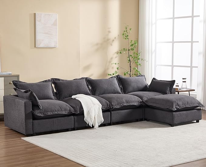 chairus 126" Modular Sectional Sofa with Moveable Ottoman Upholstered Deep Seat Linen Couch Set with Soft Pillows L-Shape Sofa Couch for Living Room, Apartment, Reception Room, 4-Seater/Black