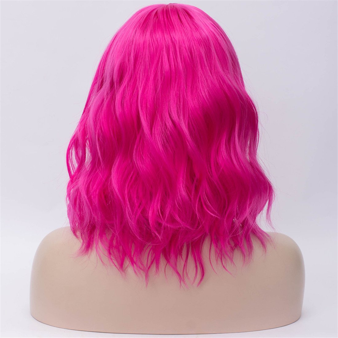 BUFASHION 14 Women's Pink Wavy Curly Wig - Heat Resistant Synthetic Hair, Bob Style with Side Bangs - Halloween, Cosplay & Party