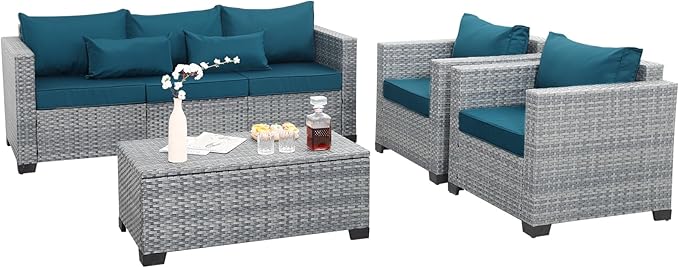4 Piece Wicker Patio Furniture Sets Outdoor Conversation Set PE Rattan Sectional Sofa Couch with Storage Table and Peacock Blue Cushions