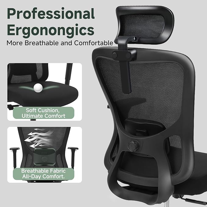 ZYFFHYLAI Ergonomic Office Chair - 350LB Mesh Office Chair with Adjustable Lumbar, High Back Computer Desk Chair with 3D Armrests, Comfy Chair with 2D Headrest & Tilt Function for Study, Work, Gaming