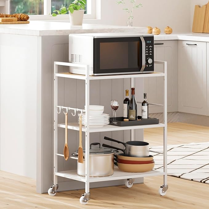 XIVIRACK 3-Tier Metal Storage Rack with Industrial Wheels,Mesh Shelving Unit with Wooden Table top,Adjustable Shelf,23.6-Inch Width,15.8-Inch Depth, for Kitchen, Laundry,Pantry,Plant,white