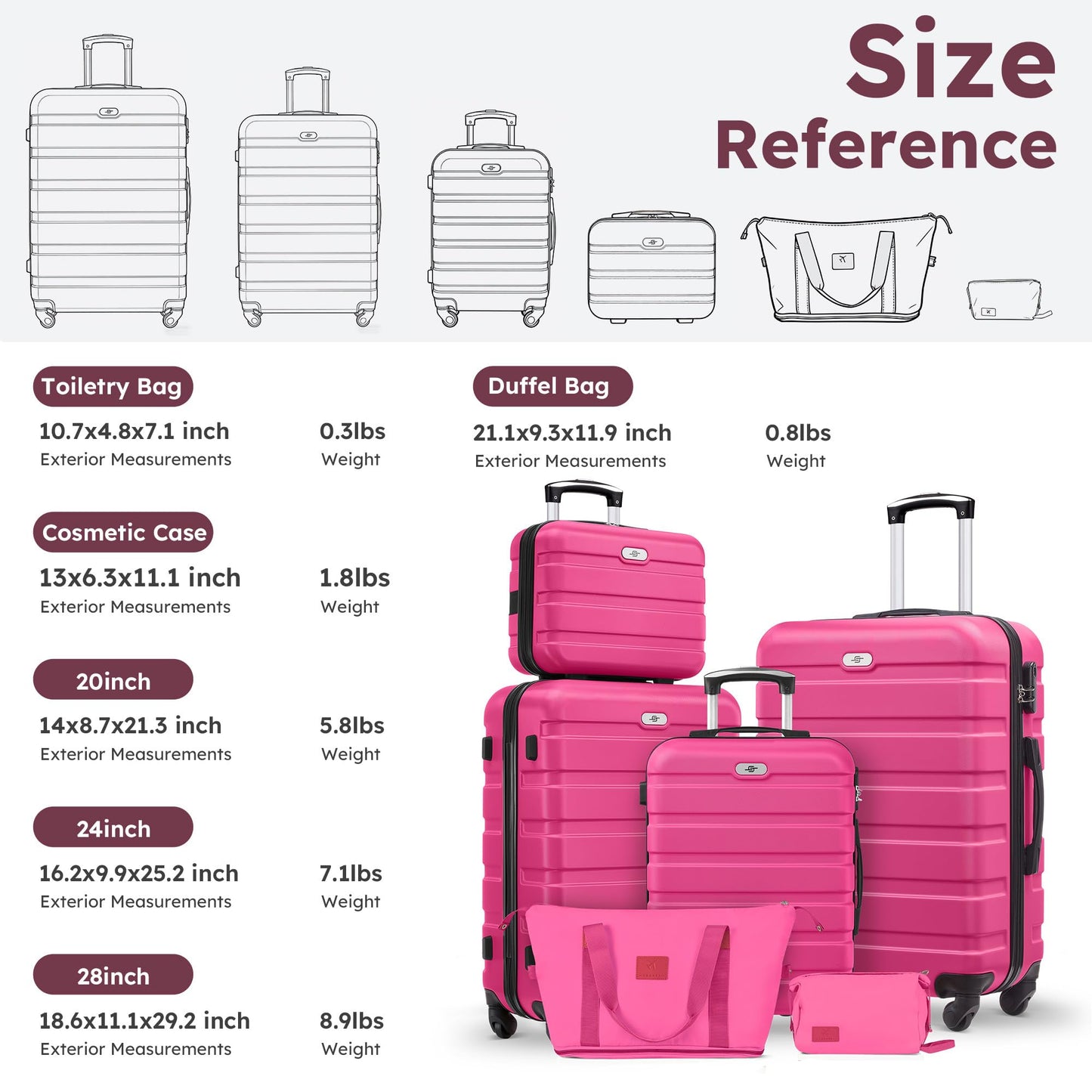 Suitour Luggage Sets 6 Piece, 20-inch Carry-on and 24 inch 28 inch Checked Suitcase Set with Cosmetic Case and Expandable Travel Duffle Bags Set(Rose Red)