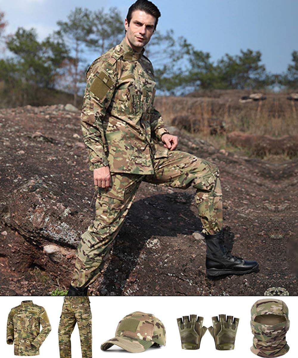 SANYETS Combat Uniform,Tactical Jacket and BDU Pants,Cap Gloves Balaclava Set,Camo Suits Paintball Clothing for Men