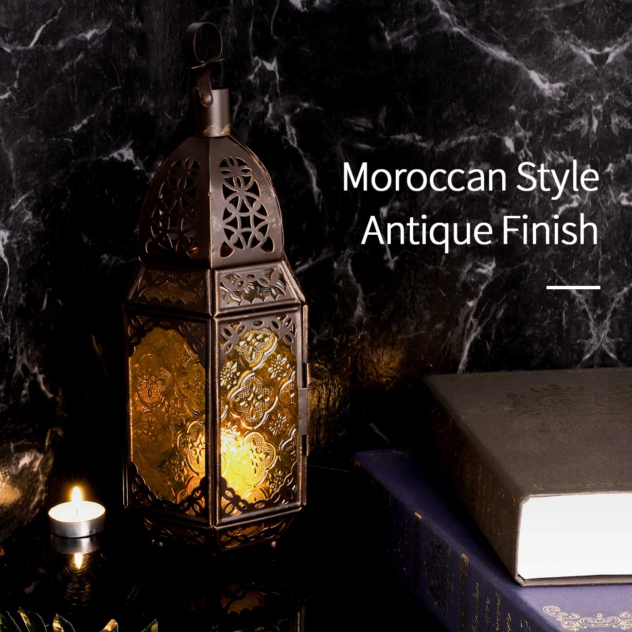 Lewondr Metal Glass Ramadan Candle Lantern, Moroccan Style Portable Candle Holder Pavilion Shape Bowl Bottom Decorative Hanging Lamp Wind Lantern Décor for Home Patio Balcony Garden - Copper + Yellow
