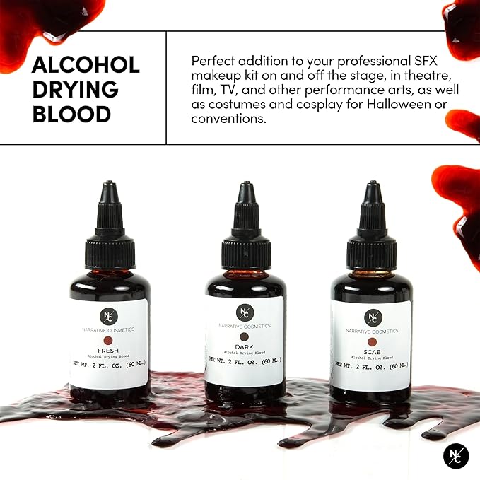 Narrative Cosmetics Alcohol Drying Blood, Ultra-Realistic Fake Liquid Blood, SFX Makeup for the Stage, Film, Halloween, and Cosplay - Scab 2oz